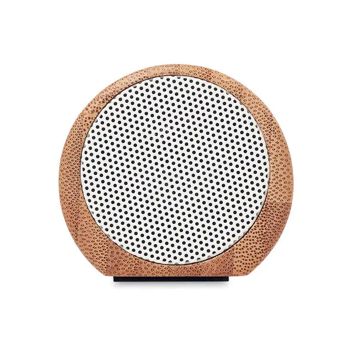 Difuzor wireless din bambus circular cu grilaj alb perforat si rama texturata cu tonuri de cupru