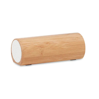 Difuzor wireless din bambus cilindric cu finisaj natural si grilaj alb pentru sunet 2x5w