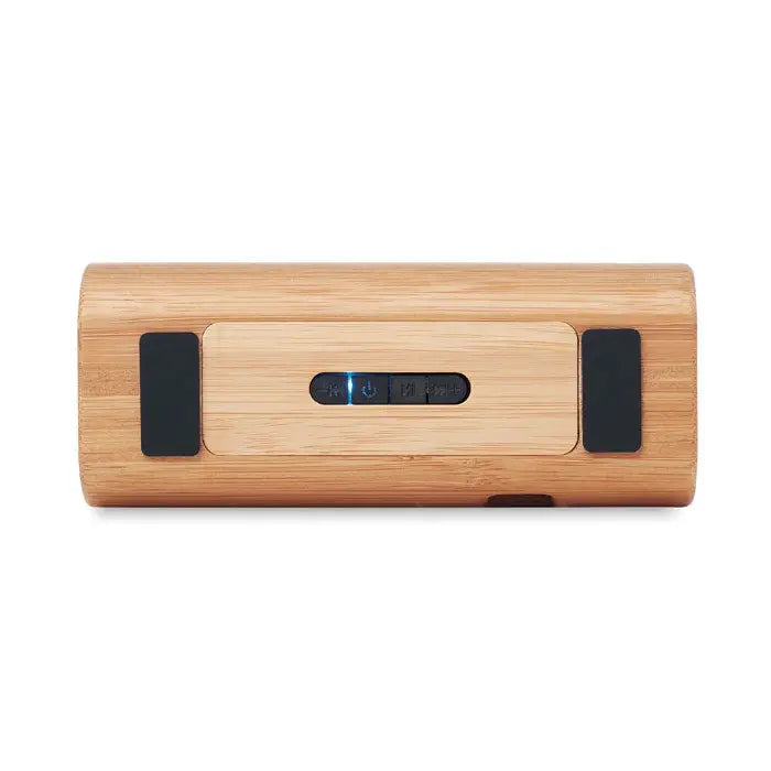 Difuzor wireless din bambus 2x5w cu design elegant maro deschis si butoane negre pentru control facil