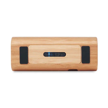 Difuzor wireless din bambus 2x5w cu design elegant maro deschis si butoane negre pentru control facil