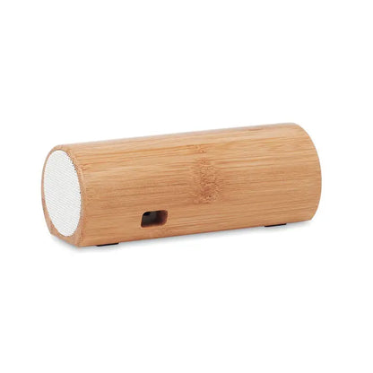 Difuzor wireless din bambus 2x5w cu grilaj alb si port dreptunghiular lateral, culoare maro deschis, aspect sleek