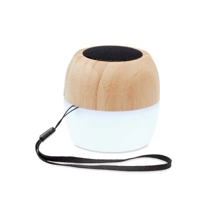 Difuzor wireless din bambus 5.0 cu baza alba translucida si grila neagra din tesatura pentru sunet portabil compact