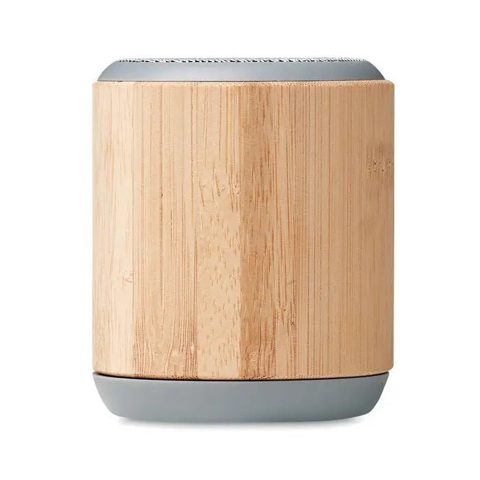 Difuzor wireless din bambus 5.0 cilindric cu finisaj natural de lemn si capace gri pentru sunet portabil