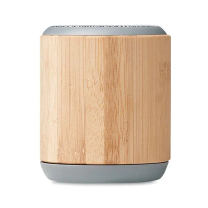 Difuzor wireless din bambus 5.0 cilindric cu finisaj natural de lemn si capace gri pentru sunet portabil