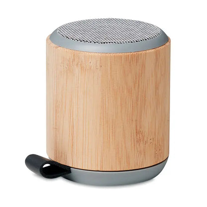Difuzor wireless din bambus 5.0 cilindric cu top de plasă gri, bază gri și curea de piele neagră