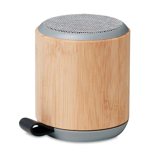 Difuzor wireless din bambus 5.0 cilindric cu top de plasă gri, bază gri și curea de piele neagră