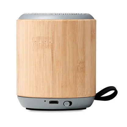 Difuzor wireless din bambus 5.0 cilindric cu capac argintiu si maner negru pentru transport facil