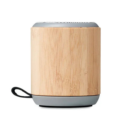 Difuzor wireless din bambus 5.0 cilindric cu corp natural lemn si capace gri cu snur negru pentru transport