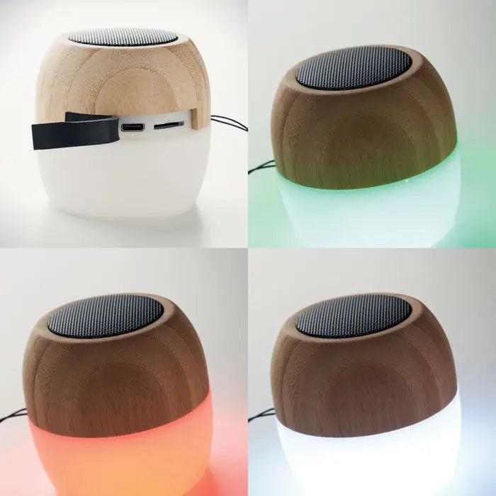 Difuzor wireless din bambus 5.0 cu design rotund, capac din bambus si baza translucida care lumineaza colorat