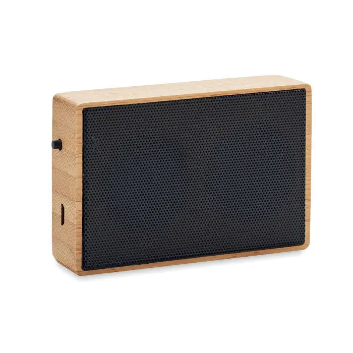 Difuzor wireless din bambus dreptunghiular cu grilaj negru din plasă, ideal pentru utilizare solară