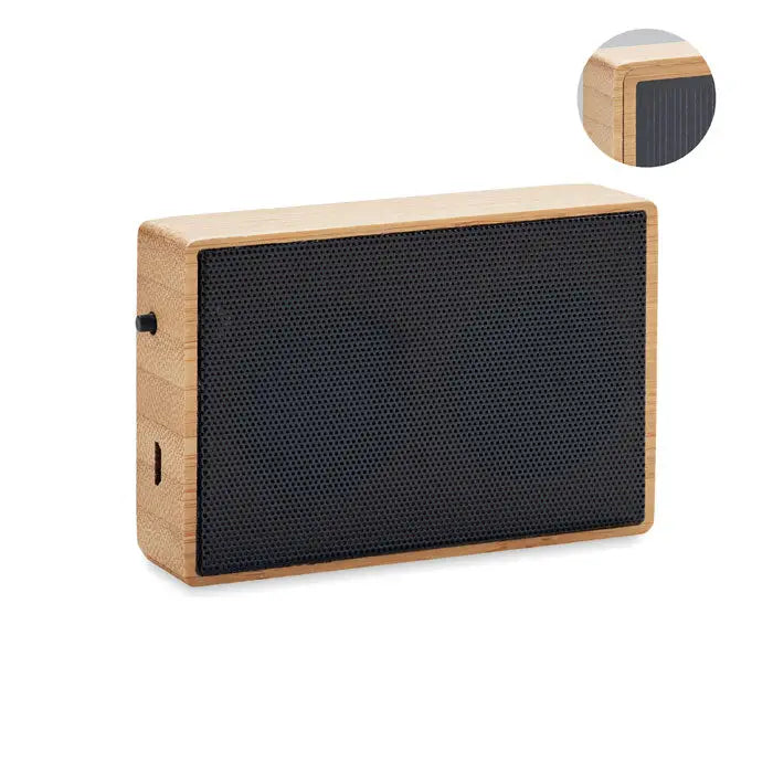 Difuzor wireless din bambus dreptunghiular cu grilaj negru si textura vizibila a lemnului