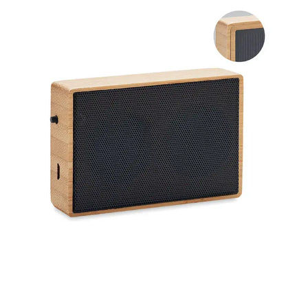 Difuzor wireless din bambus dreptunghiular cu grilaj negru si textura vizibila a lemnului
