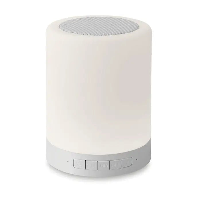 Difuzor wireless la atingere alb cilindric cu finisaj mat si grilaj de plasă gri pe partea superioară