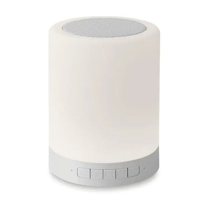 Difuzor wireless la atingere alb cilindric cu finisaj mat si grilaj de plasă gri pe partea superioară