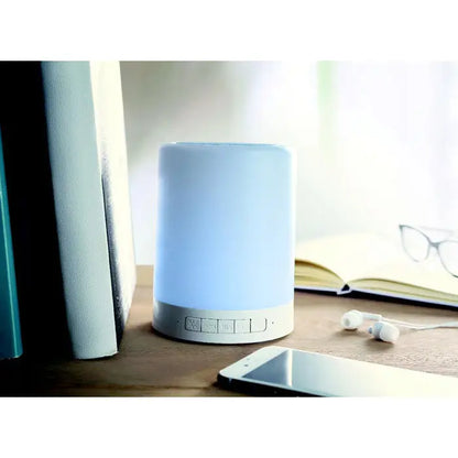 Difuzor wireless la atingere cilindric albastru cu baza argintie si butoane de control pentru sunet bluetooth