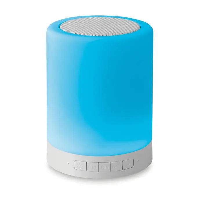 Difuzor wireless la atingere cu corp cilindric albastru translucid si grila argintie din plasa pentru sunet clar