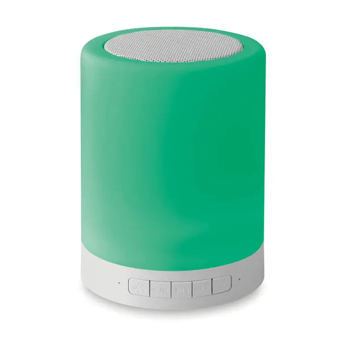 Difuzor wireless la atingere cilindric verde cu baza alba si butoane de control pentru sunet portabil