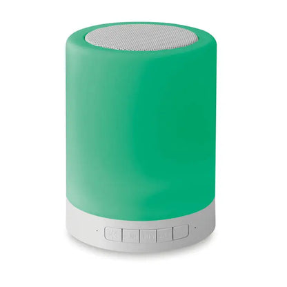 Difuzor wireless la atingere cilindric verde cu baza alba si butoane de control pentru sunet portabil
