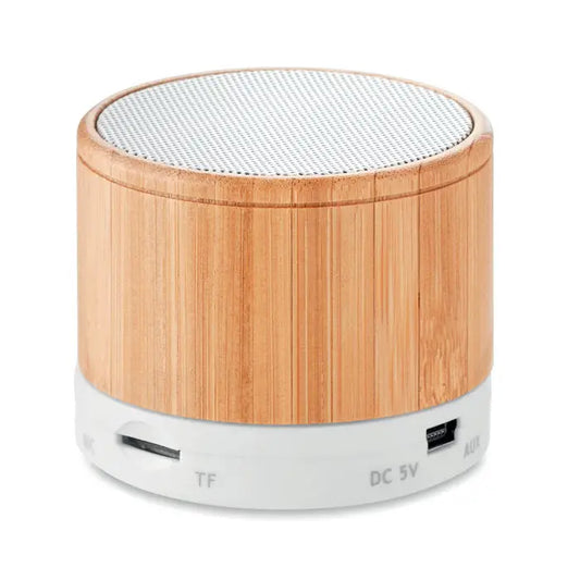 Difuzor wireless round bamboo cilindric cu finisaj bambus, grilă albă și baze alb cu porturi tf card, usb-c, aux și dc 5v
