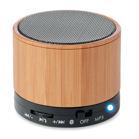 Difuzor wireless round bamboo cilindric compact cu corp din bambus natural si baza neagra cu butoane si indicator albastru iluminat