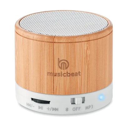 Difuzor wireless round bamboo cilindric cu textura bambus, plasă albă în partea de sus și de jos, logo musicbeat gravat