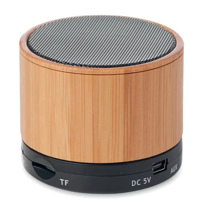 Difuzor wireless round bamboo compact cu finisaj din bambus, grilă neagră și porturi tf, aux, dc 5v în spate