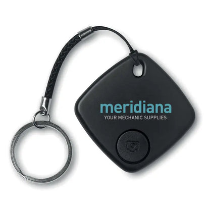 Dispozitiv anti-pierdere tip breloc patrat negru cu snur împletit negru si inel metalic argintiu cu logo meridiana teal