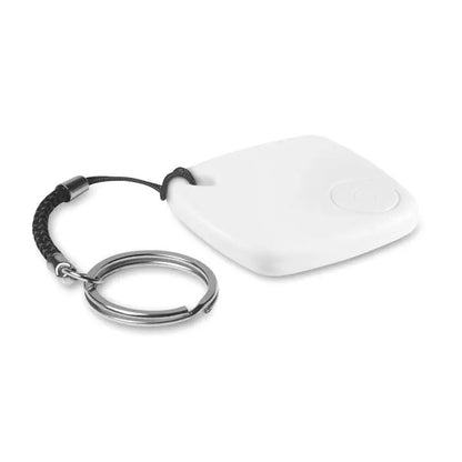 Dispozitiv anti-pierdere alb dreptunghiular bluetooth cu breloc impletit negru si inel metalic argintiu
