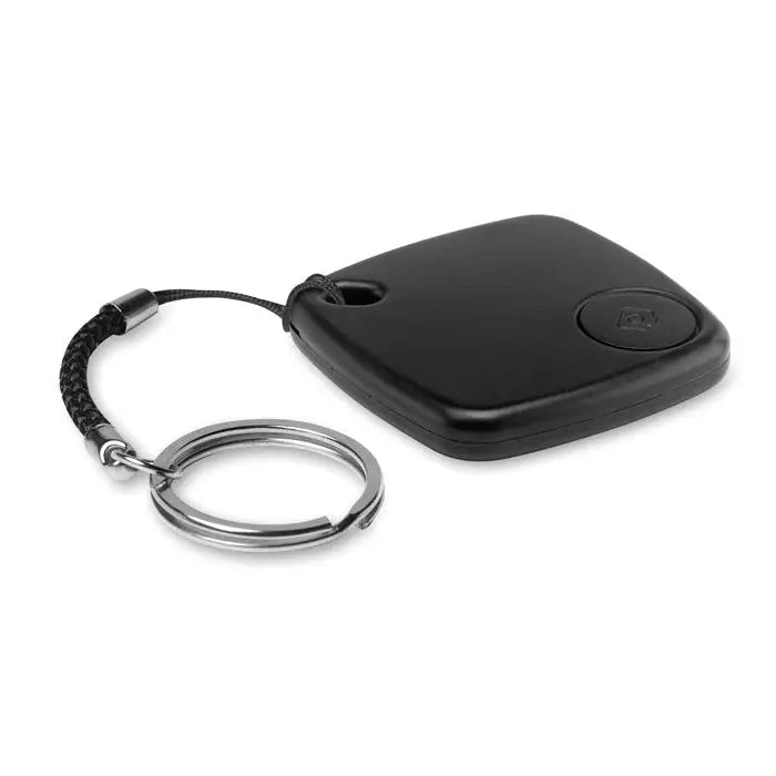 Dispozitiv anti-pierdere negru dreptunghiular cu breloc impletit si inel metalic pentru chei