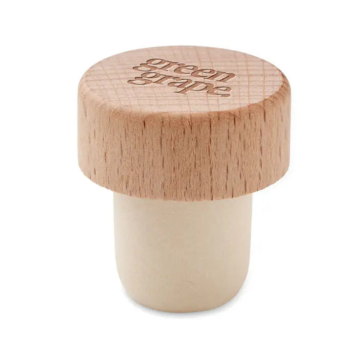 Dop pentru sticle din lemn de fag maro deschis in forma de ciuperca cu gravura green grape pe partea superioara