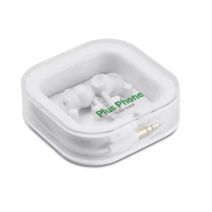 Dop pentru urechi cu silicon white in-ear headphones with a gold-colored 3.5mm jack in a plus phone tech shop clear case