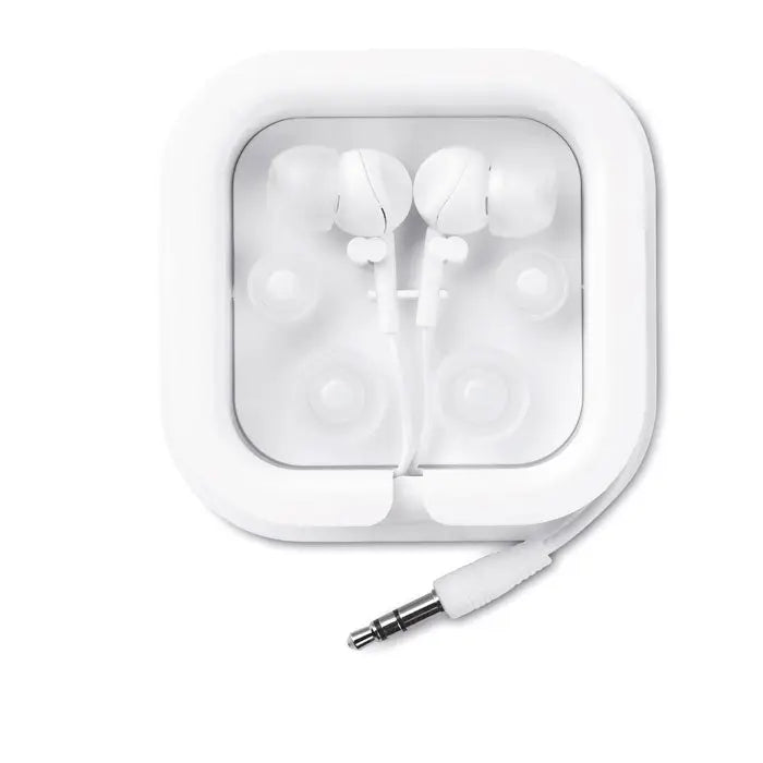 Dop pentru urechi cu silicon alb cu design minimalist si dopuri moi din silicon, depozitate intr-o carcasa patrata alba