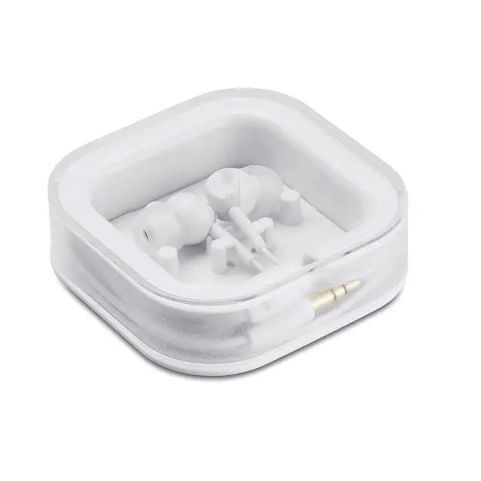 Dop pentru urechi cu silicon alb cu mufa aurita de 3.5 mm, depozitat ordonat intr-o cutie transparenta