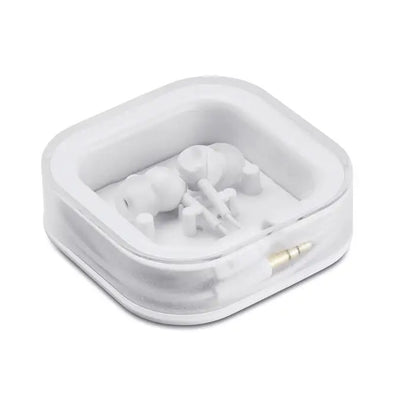 Dop pentru urechi cu silicon alb cu mufa aurita de 3.5 mm, depozitat ordonat intr-o cutie transparenta