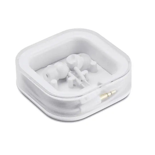 Dop pentru urechi cu silicon alb cu mufa aurita de 3.5 mm, depozitat ordonat intr-o cutie transparenta