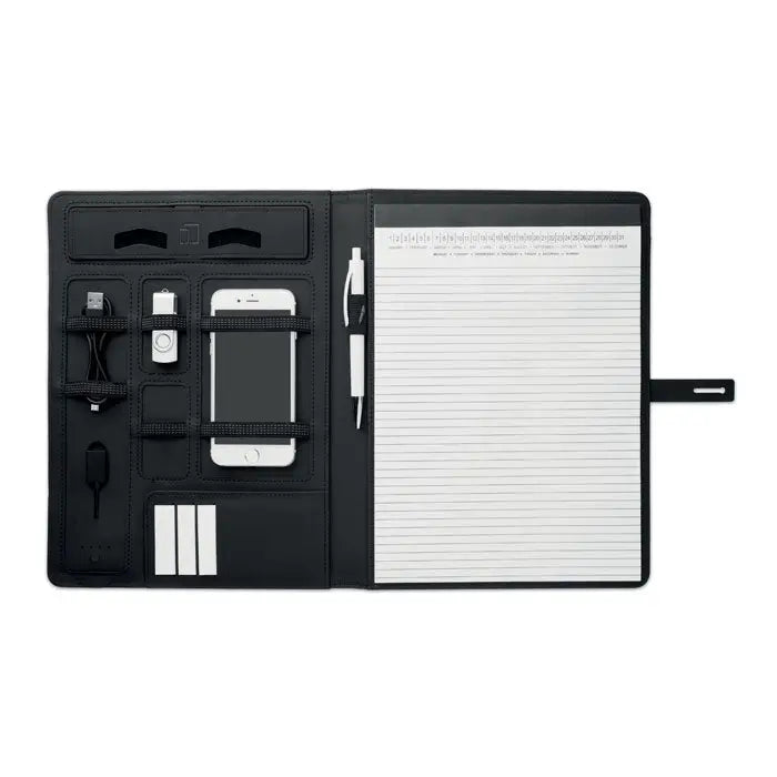 Dosar a4 negru din piele cu incarcator fara fir 5w si compartimente pentru telefon usb cabluri stilou alaturi de notepad liniat