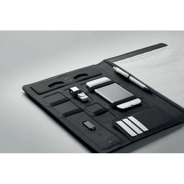Dosar a4 cu incarcator fara fir 5w din piele neagra cu compartimente pentru telefon pix usb si carduri