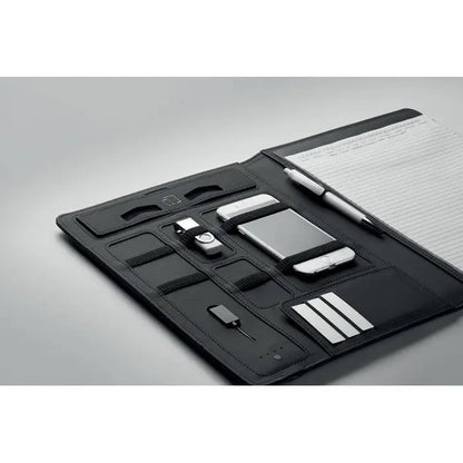 Dosar a4 cu incarcator fara fir 5w din piele neagra cu compartimente pentru telefon pix usb si carduri