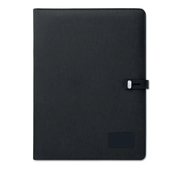 Dosar a4 negru texturat cu catarama argintie si nume dreptunghiular in partea de jos cu incarcator wireless 5w