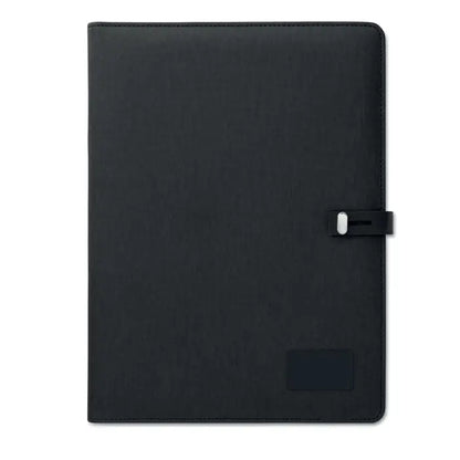 Dosar a4 negru texturat cu catarama argintie si nume dreptunghiular in partea de jos cu incarcator wireless 5w