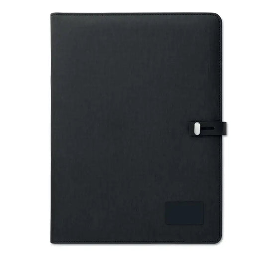 Dosar a4 negru texturat cu catarama argintie si nume dreptunghiular in partea de jos cu incarcator wireless 5w
