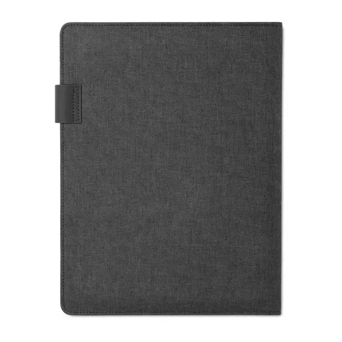 Dosar a4 din material texturat gri închis cu power bank și curea asortată în partea stângă