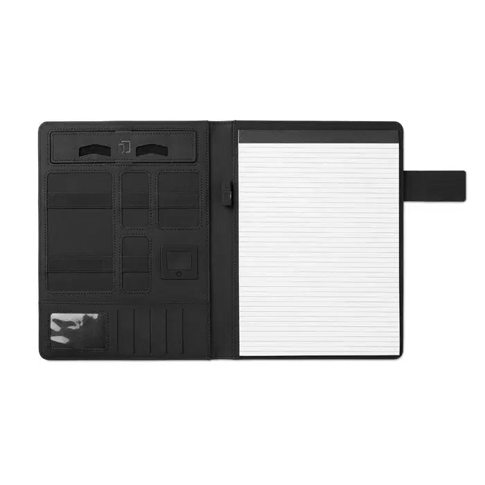 Dosar a4 negru din piele cu power bank, multiple sloturi pentru carduri, fereastra pentru id si blocnotes atasat