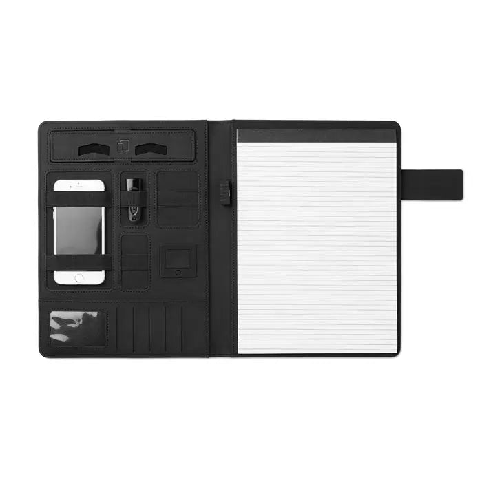 Dosar a4 cu power bank din piele neagra cu multiple compartimente, loc pentru telefon si bloc notes atasat cu foi linate