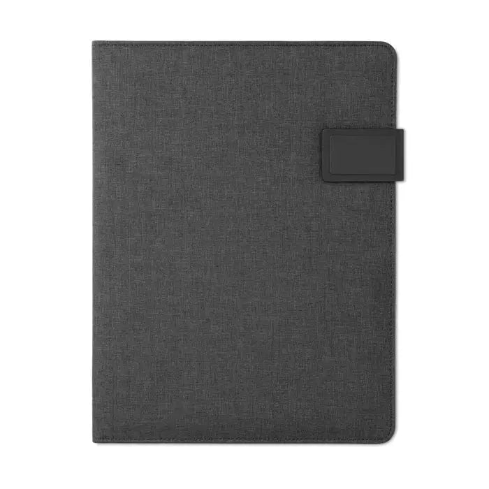 Dosar a4 cu power bank din material texturat gri inchis cu inchidere neagra din plastic pentru organizare eficienta