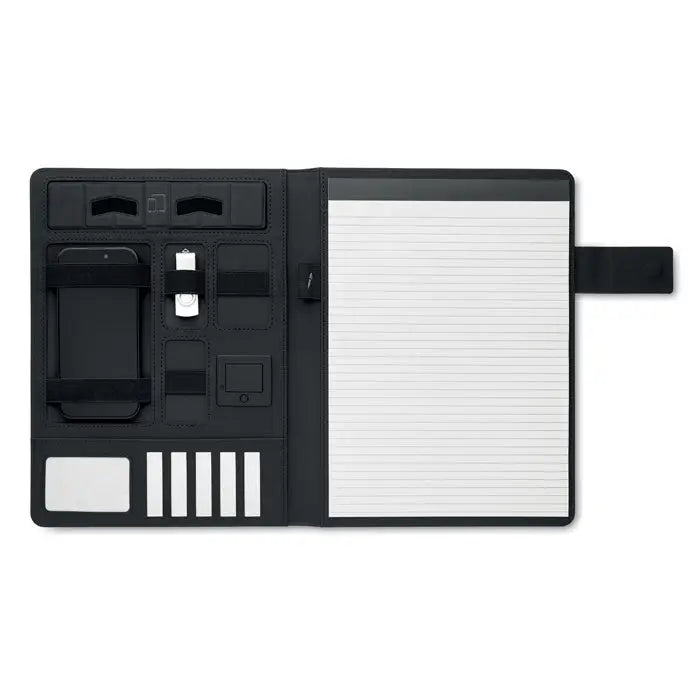 Dosar a4 si incarcator wireless din piele neagra cu multiple compartimente si sectiune pentru notite si sloturi pentru telefon si usb