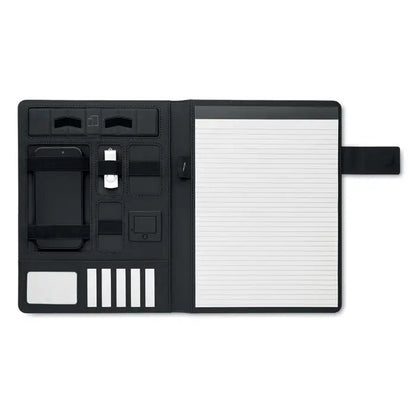 Dosar a4 si incarcator wireless din piele neagra cu multiple compartimente si sectiune pentru notite si sloturi pentru telefon si usb