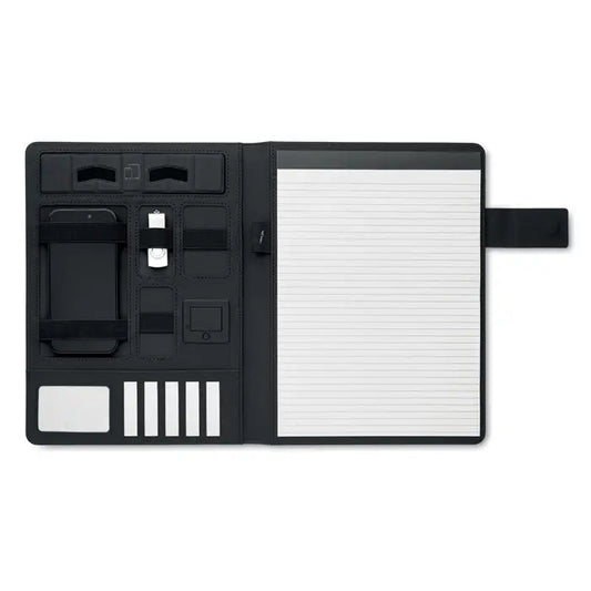 Dosar a4 si incarcator wireless din piele neagra cu multiple compartimente si sectiune pentru notite si sloturi pentru telefon si usb