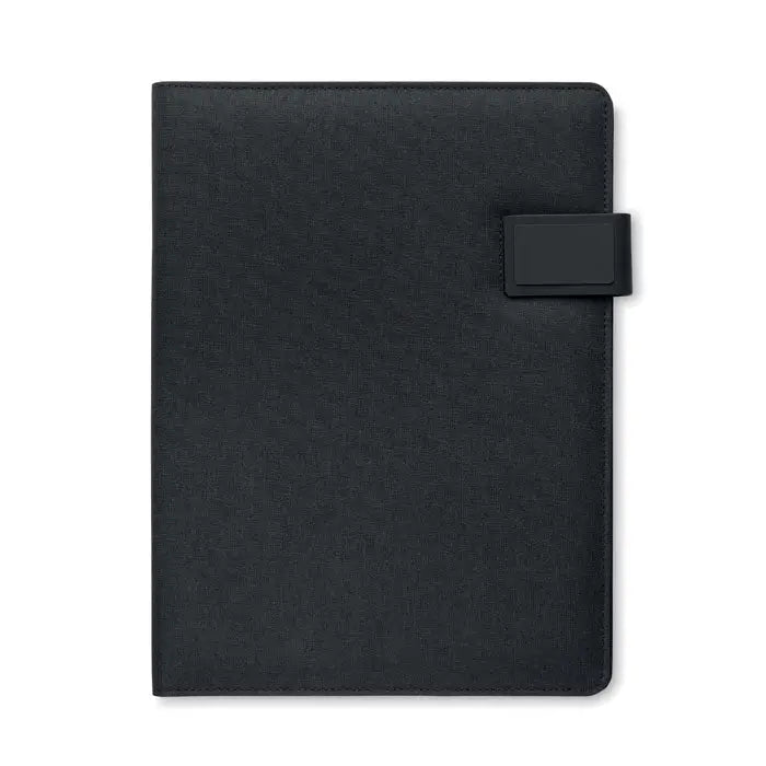 Dosar a4 negru texturat cu clapeta magnetica asortata si incarcator wireless integrat pentru birou eficient
