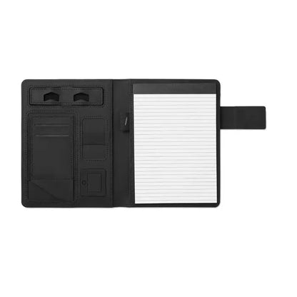 Dosar a5 negru din piele ecologica cu multiple sloturi pentru carduri si sectiune cu notite liniate integrata cu power bank